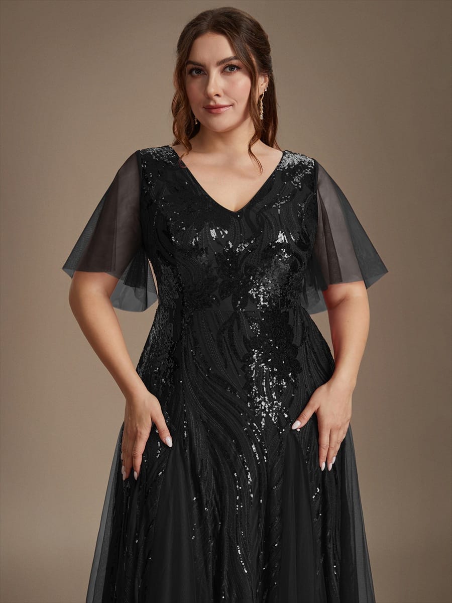 Sequin Ruffle Sleeve A-line Dress #color_Black