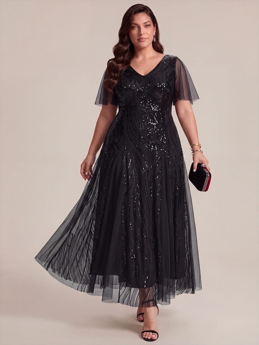 Sequin Ruffle Sleeve A-line Dress #color_Black