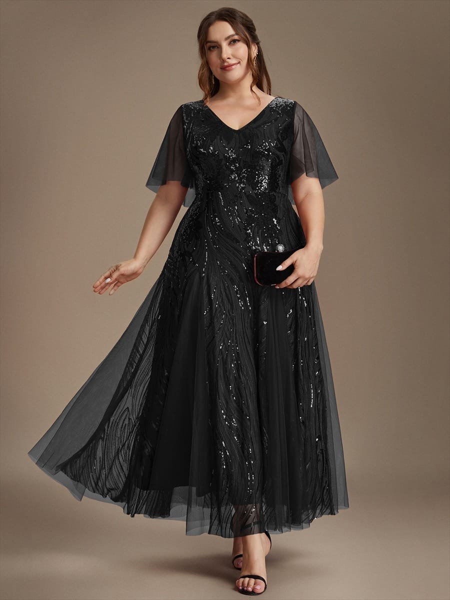 Sequin Ruffle Sleeve A-line Dress #color_Black