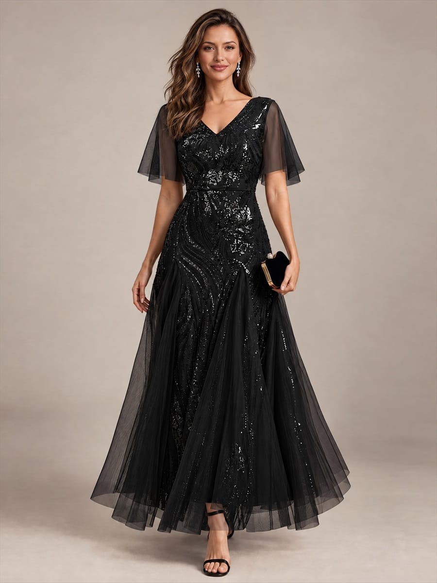 Sequin Ruffle Sleeve A-line Dress #color_Black