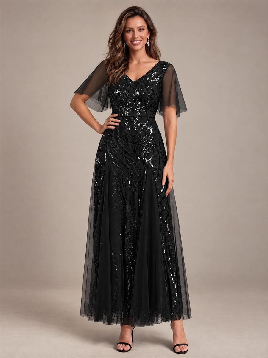 Sequin Ruffle Sleeve A-line Dress #color_Black