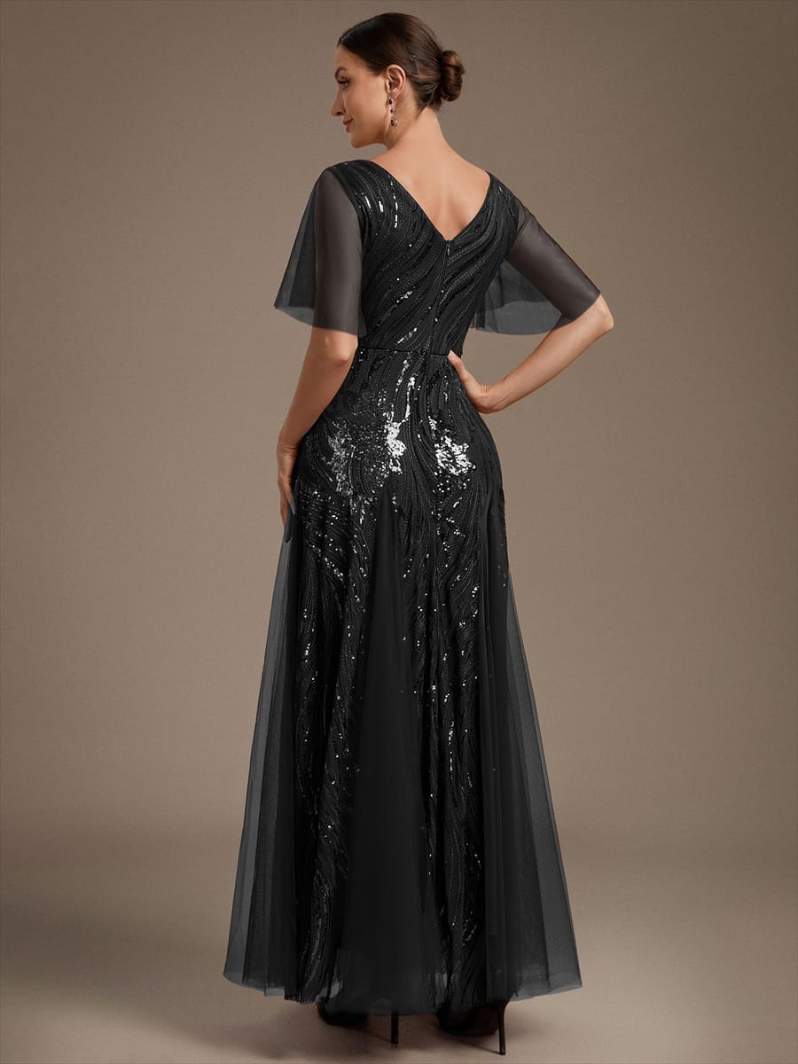 Sequin Ruffle Sleeve A-line Dress #color_Black