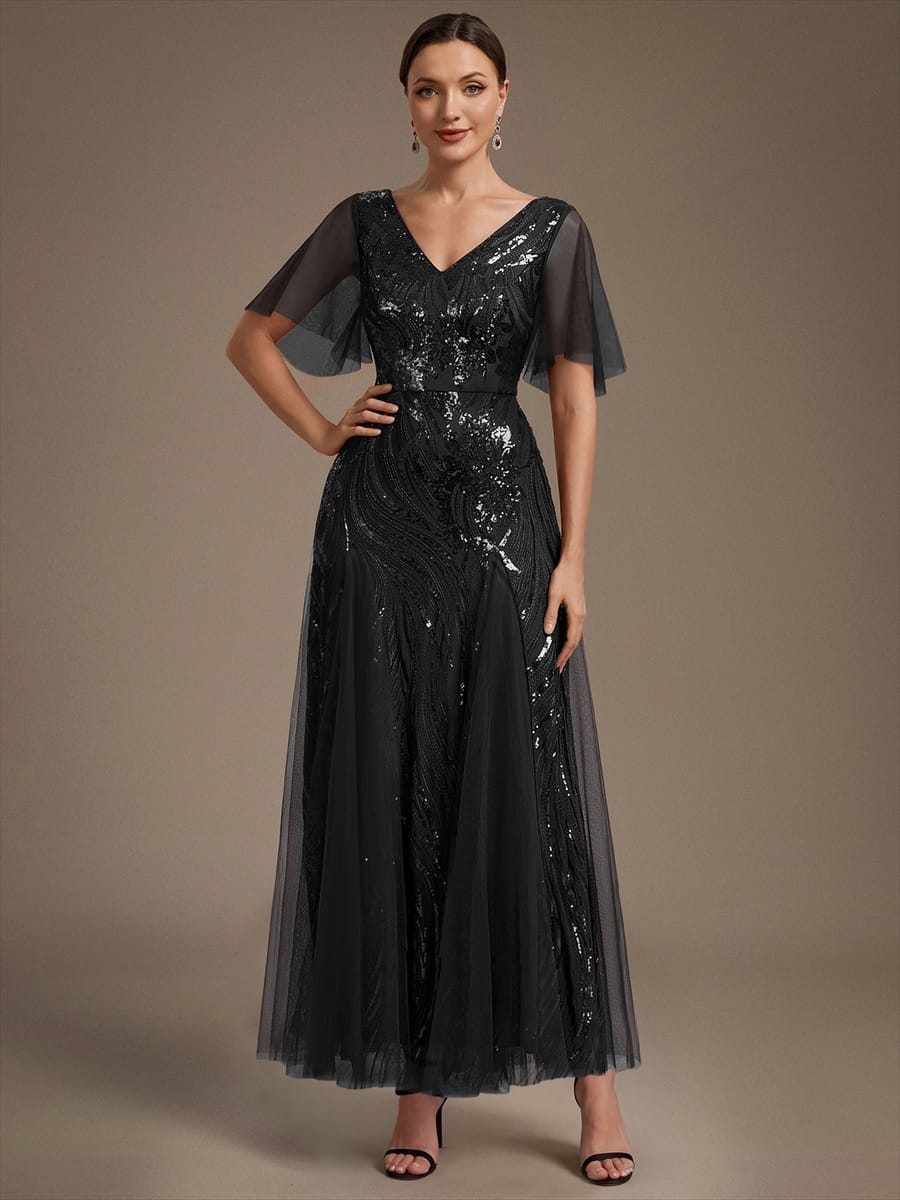 Sequin Ruffle Sleeve A-line Dress #color_Black
