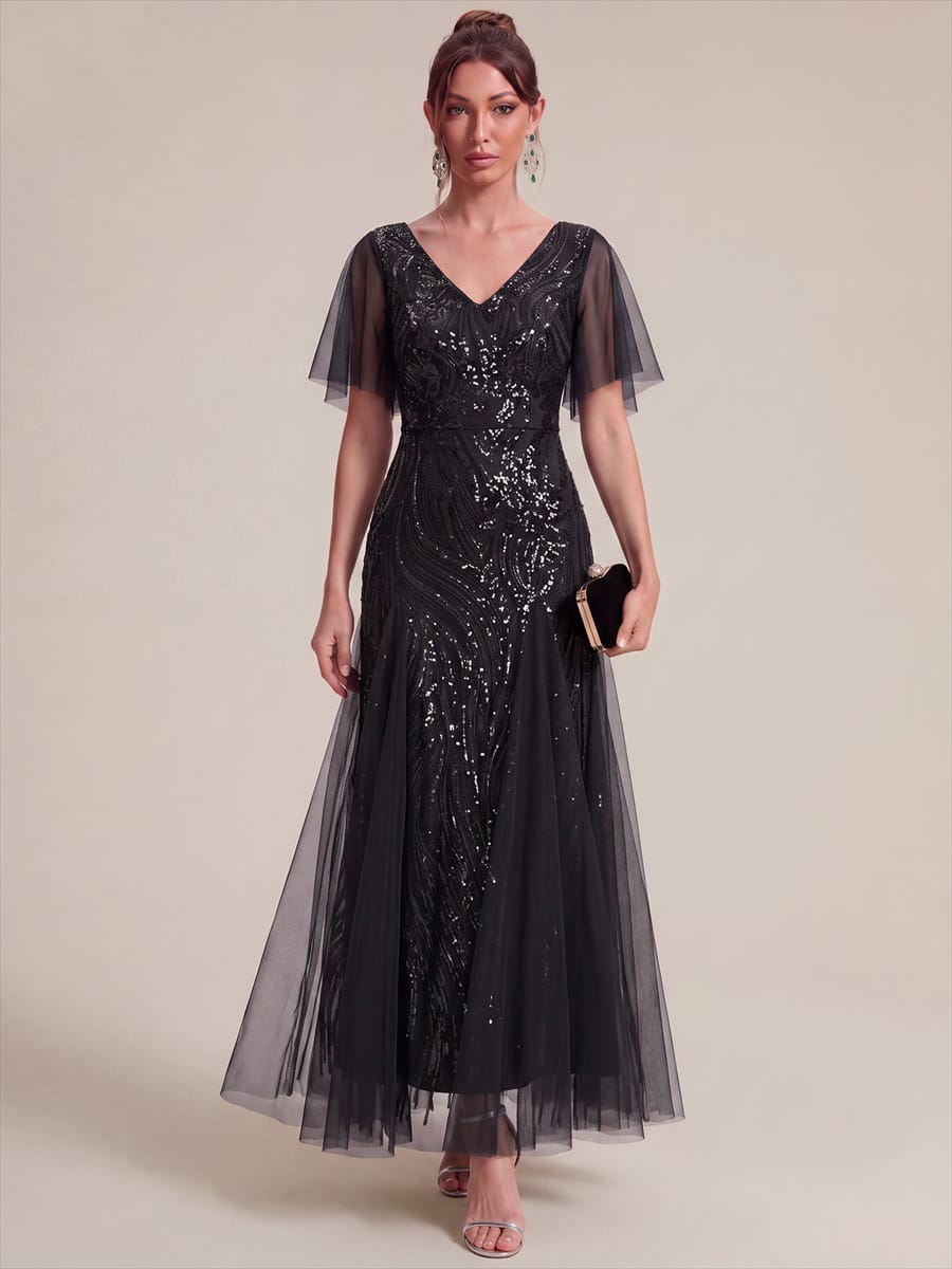 Sequin Ruffle Sleeve A-line Dress #color_Black