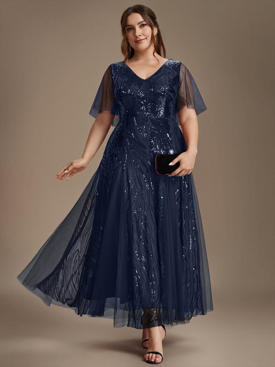 Sequin Ruffle Sleeve A-line Dress #color_Navy Blue
