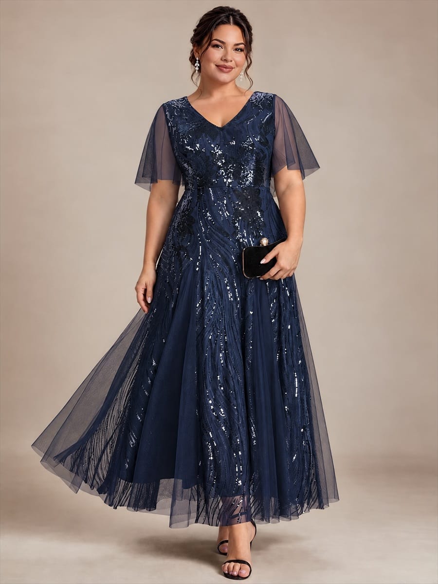 Sequin Ruffle Sleeve A-line Dress #color_Navy Blue