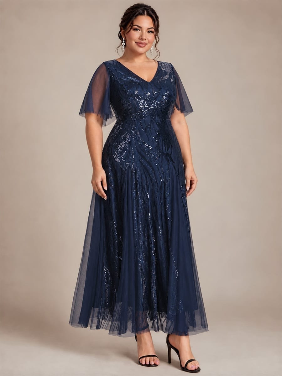 Sequin Ruffle Sleeve A-line Dress #color_Navy Blue