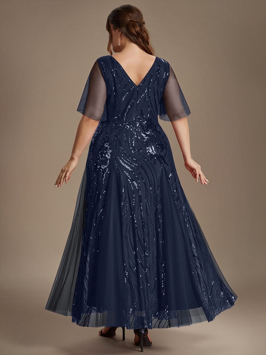Sequin Ruffle Sleeve A-line Dress #color_Navy Blue