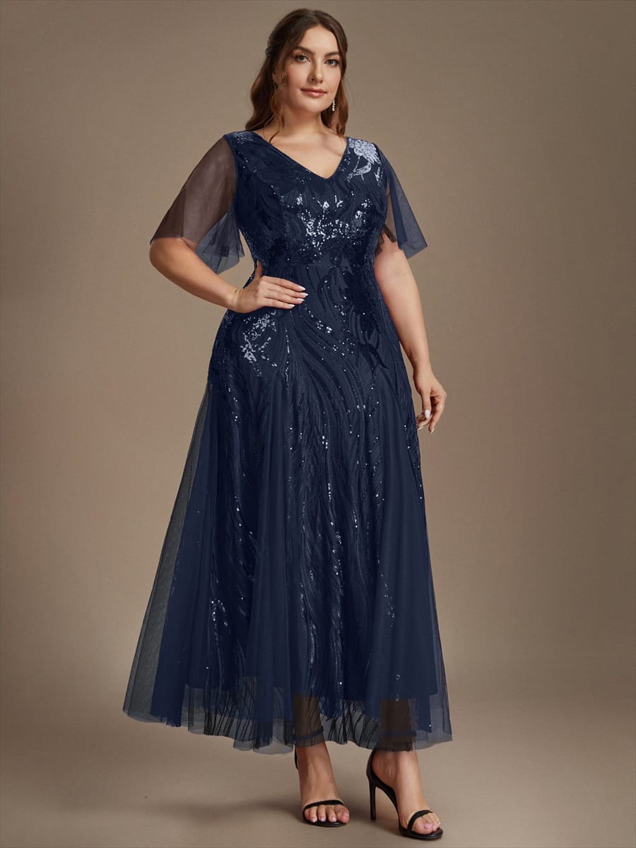 Sequin Ruffle Sleeve A-line Dress #color_Navy Blue