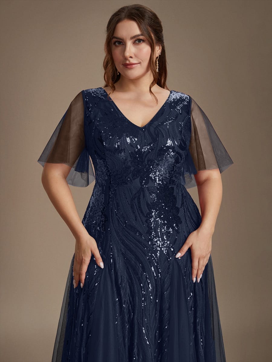 Sequin Ruffle Sleeve A-line Dress #color_Navy Blue