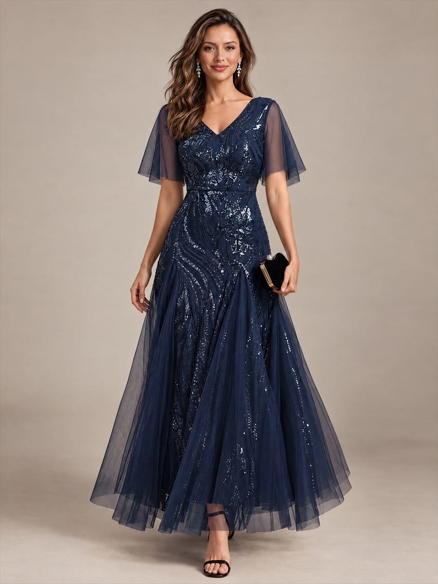 Sequin Ruffle Sleeve A-line Dress #color_Navy Blue