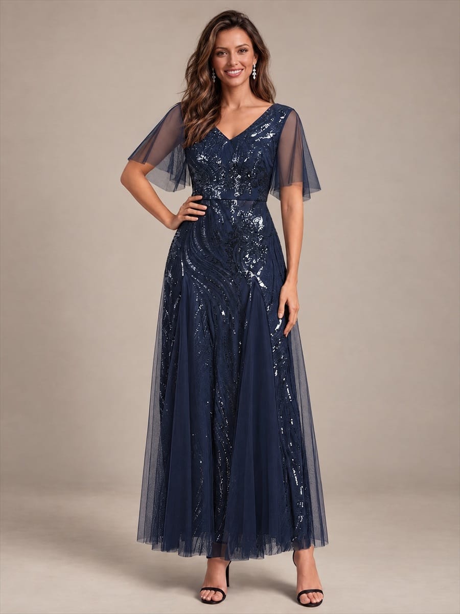 Sequin Ruffle Sleeve A-line Dress #color_Navy Blue