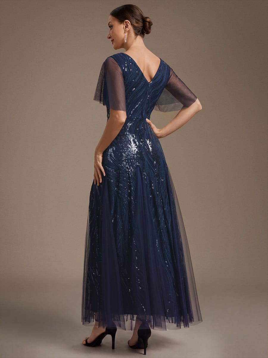 Sequin Ruffle Sleeve A-line Dress #color_Navy Blue