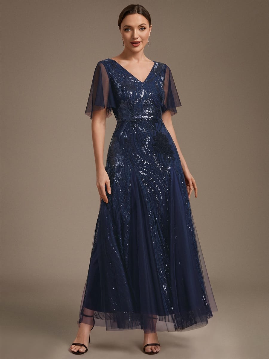 Sequin Ruffle Sleeve A-line Dress #color_Navy Blue