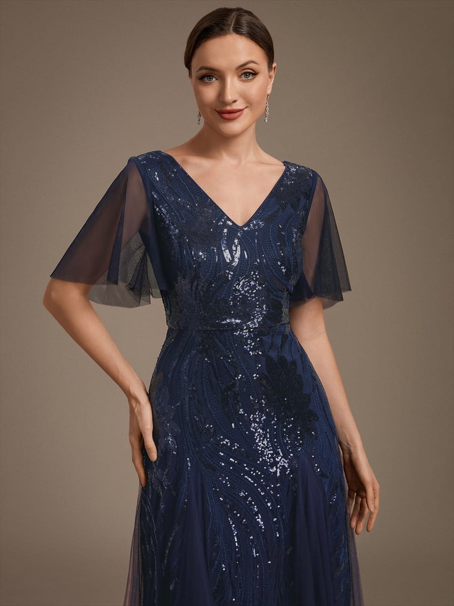 Sequin Ruffle Sleeve A-line Dress #color_Navy Blue