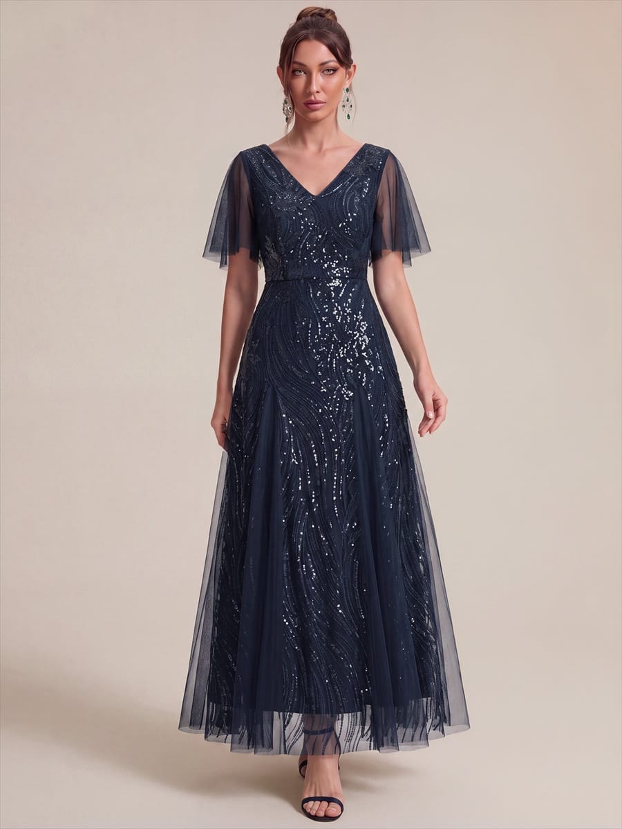 Sequin Ruffle Sleeve A-line Dress #color_Navy Blue