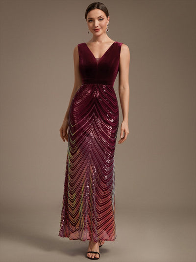 Ombre Sequin Mermaid Maxi Dress with V Neck
