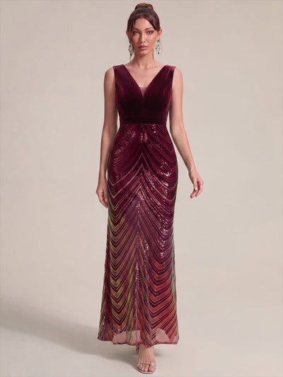 Ombre Sequin Mermaid Maxi Dress with V Neck