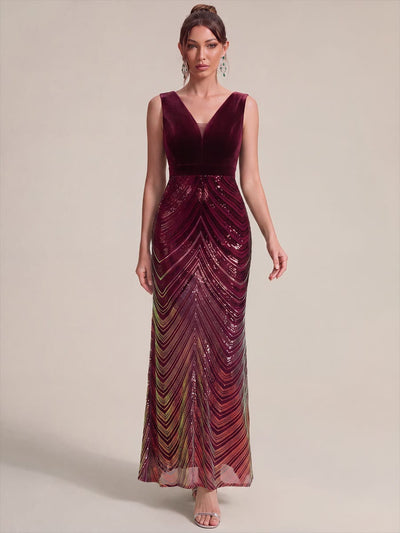 Ombre Sequin Mermaid Maxi Dress with V Neck