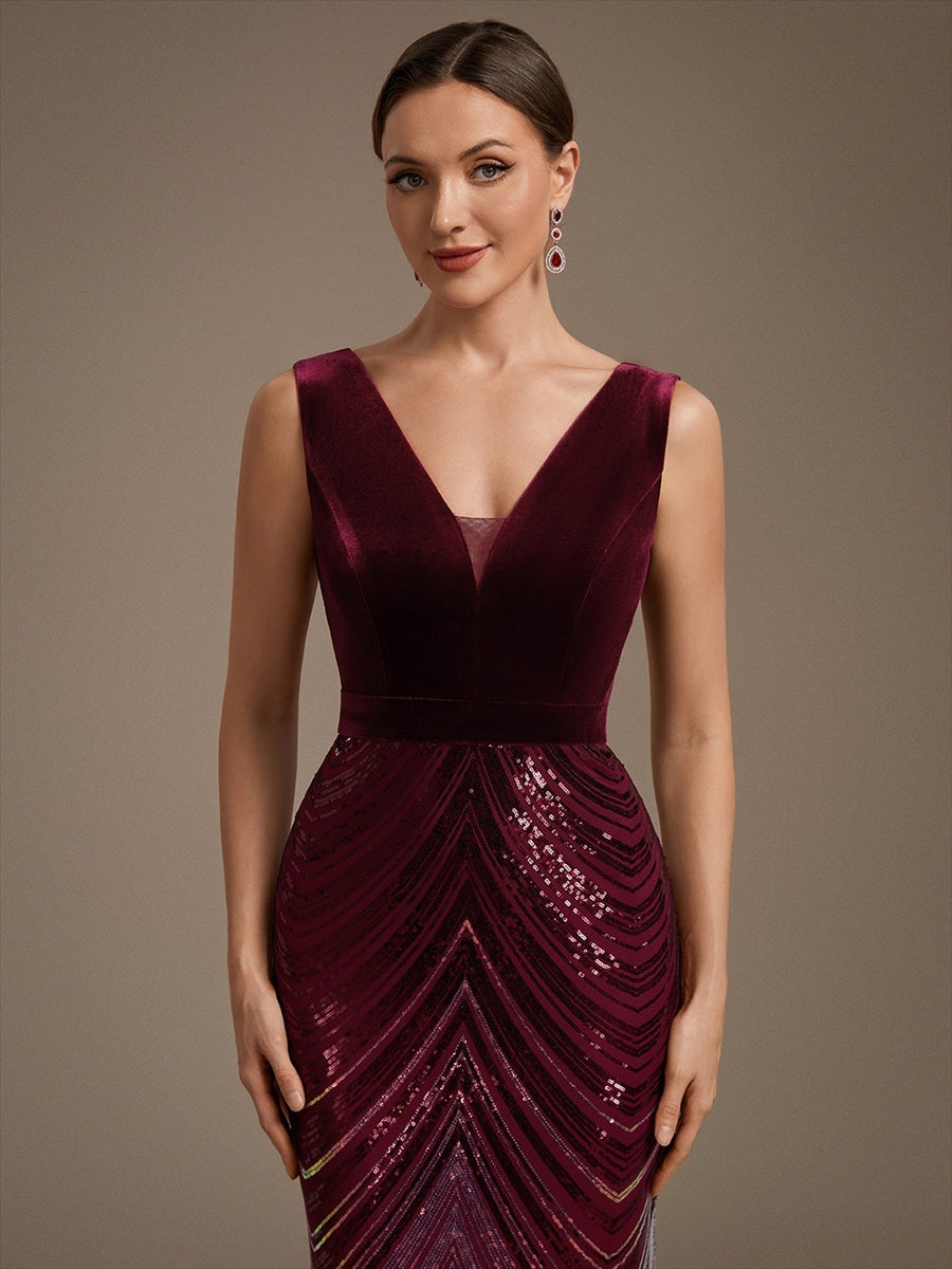 Sequin Sleeveless Mermaid Dress #color_Burgundy
