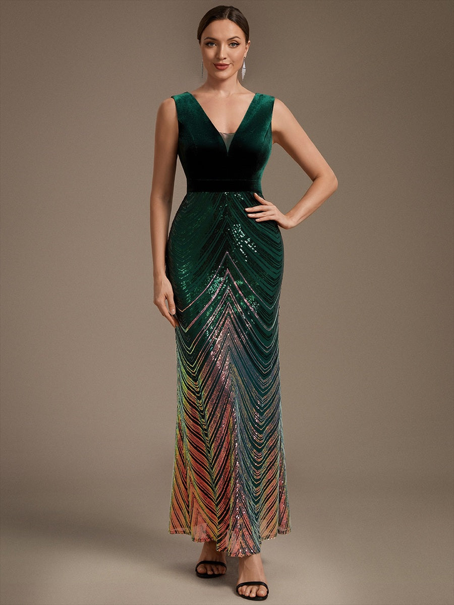Sequin Sleeveless Mermaid Dress #color_Dark Green