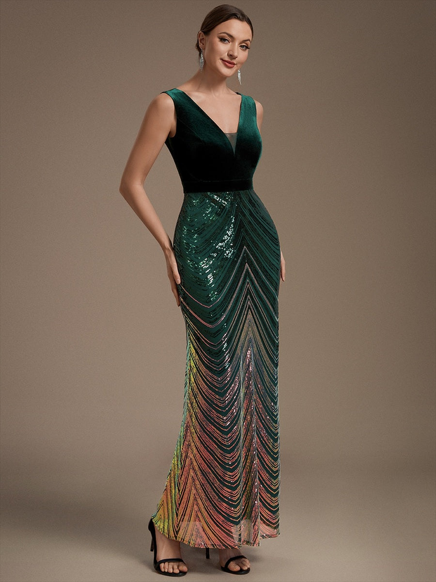 Sequin Sleeveless Mermaid Dress #color_Dark Green