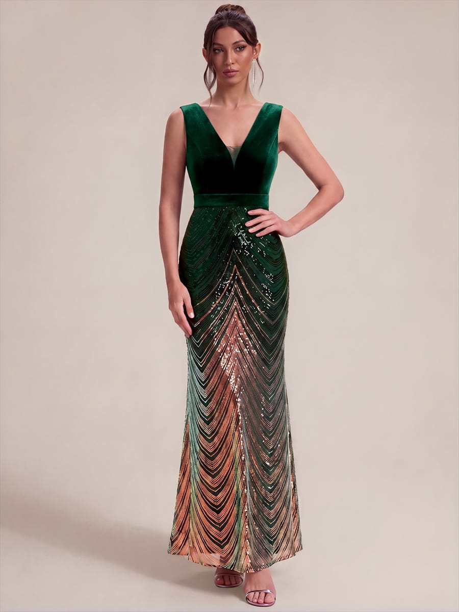 Sequin Sleeveless Mermaid Dress #color_Dark Green