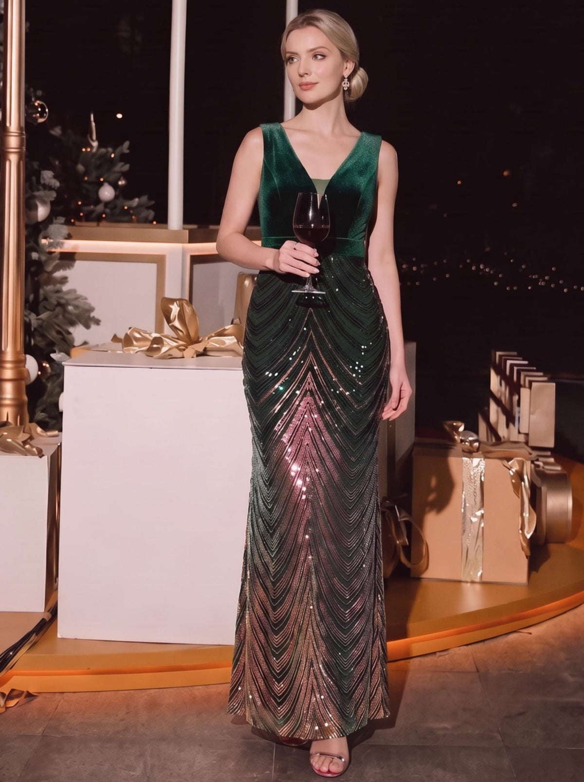 Sequin Sleeveless Mermaid Dress #color_Dark Green