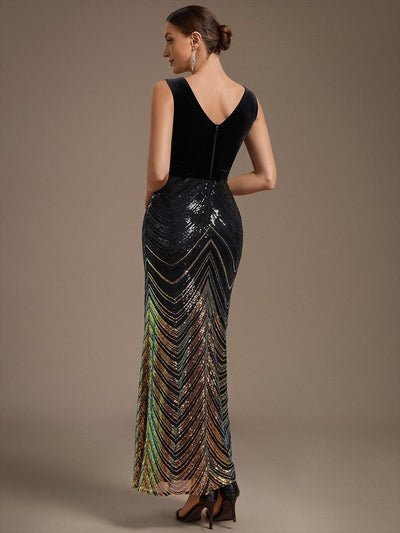 Ombre Sequin Mermaid Maxi Dress with V Neck