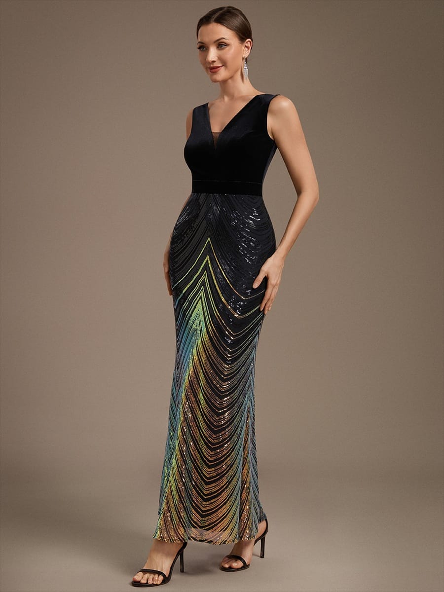 Sequin Sleeveless Mermaid Dress #color_Black & Gold