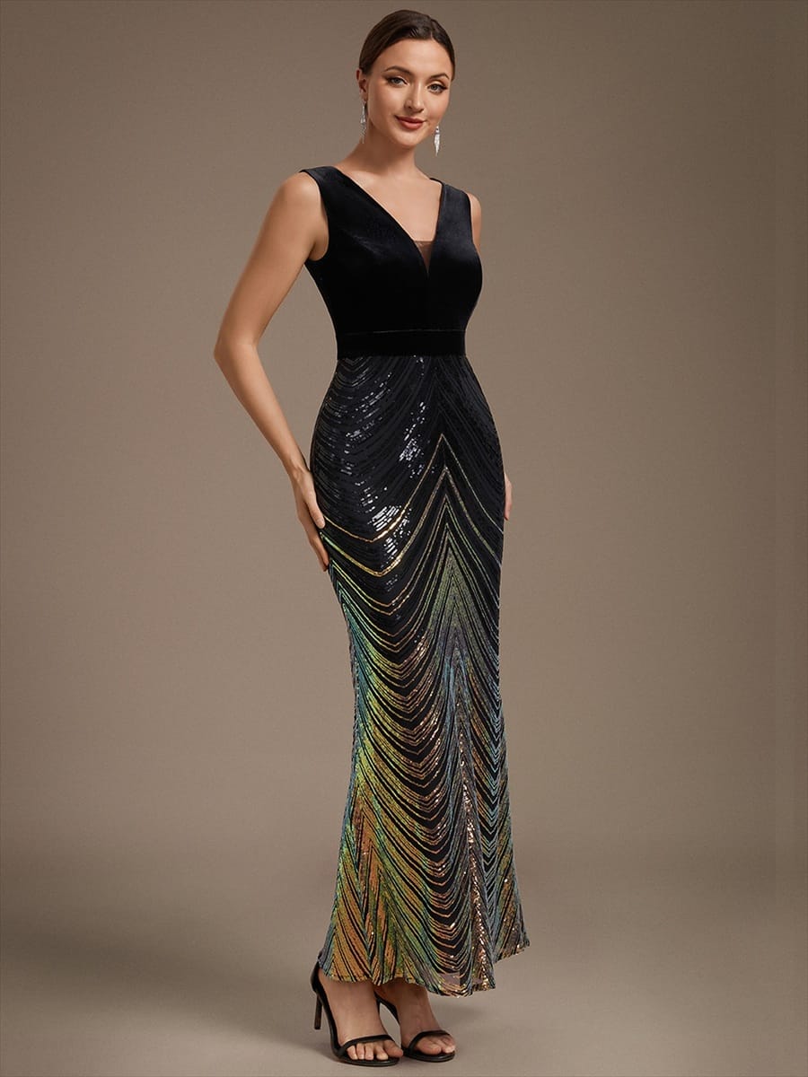 Sequin Sleeveless Mermaid Dress #color_Black & Gold