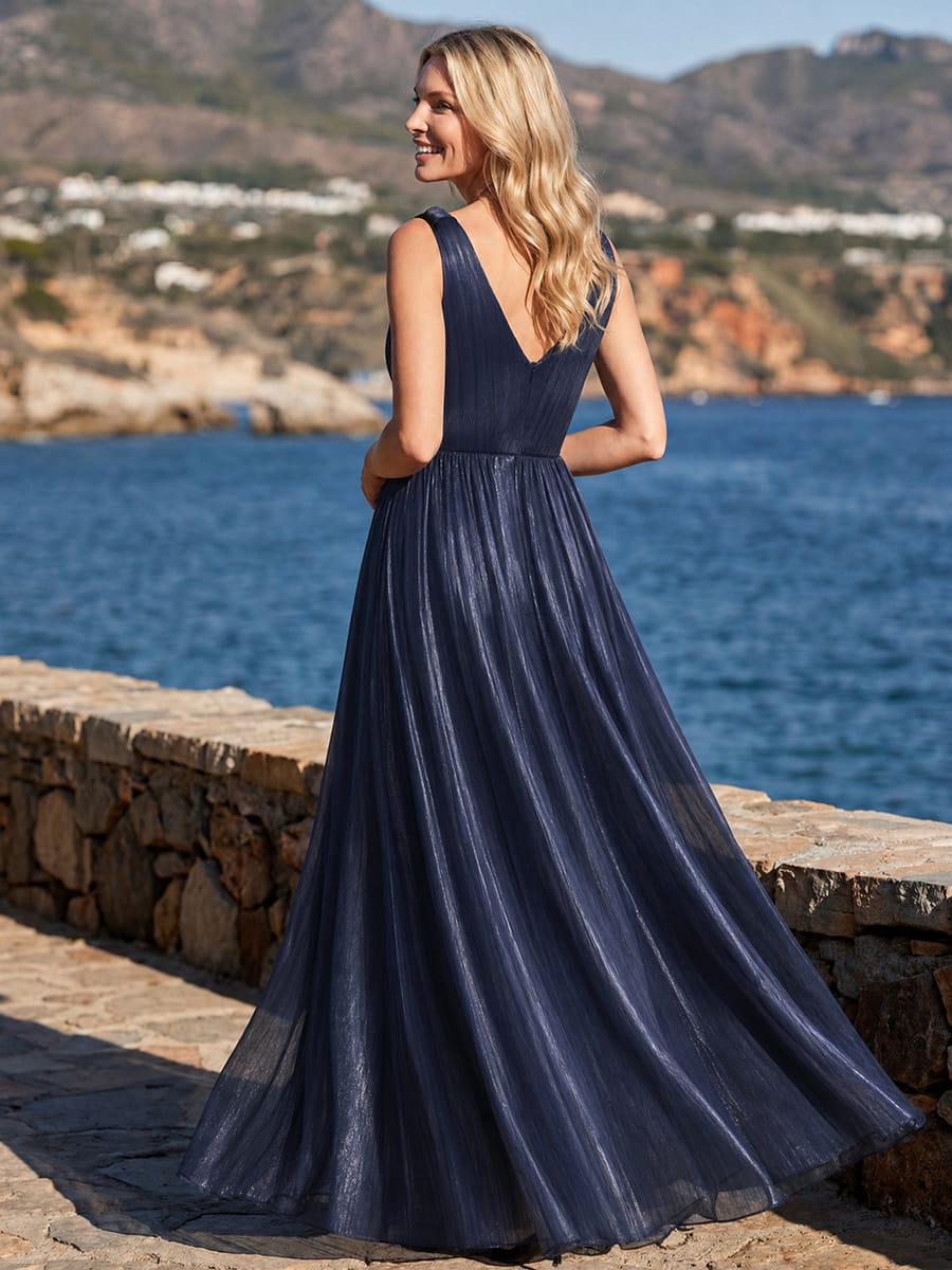 Gathered Sea-island filament fabircs Sleeveless Dress #color_Navy Blue