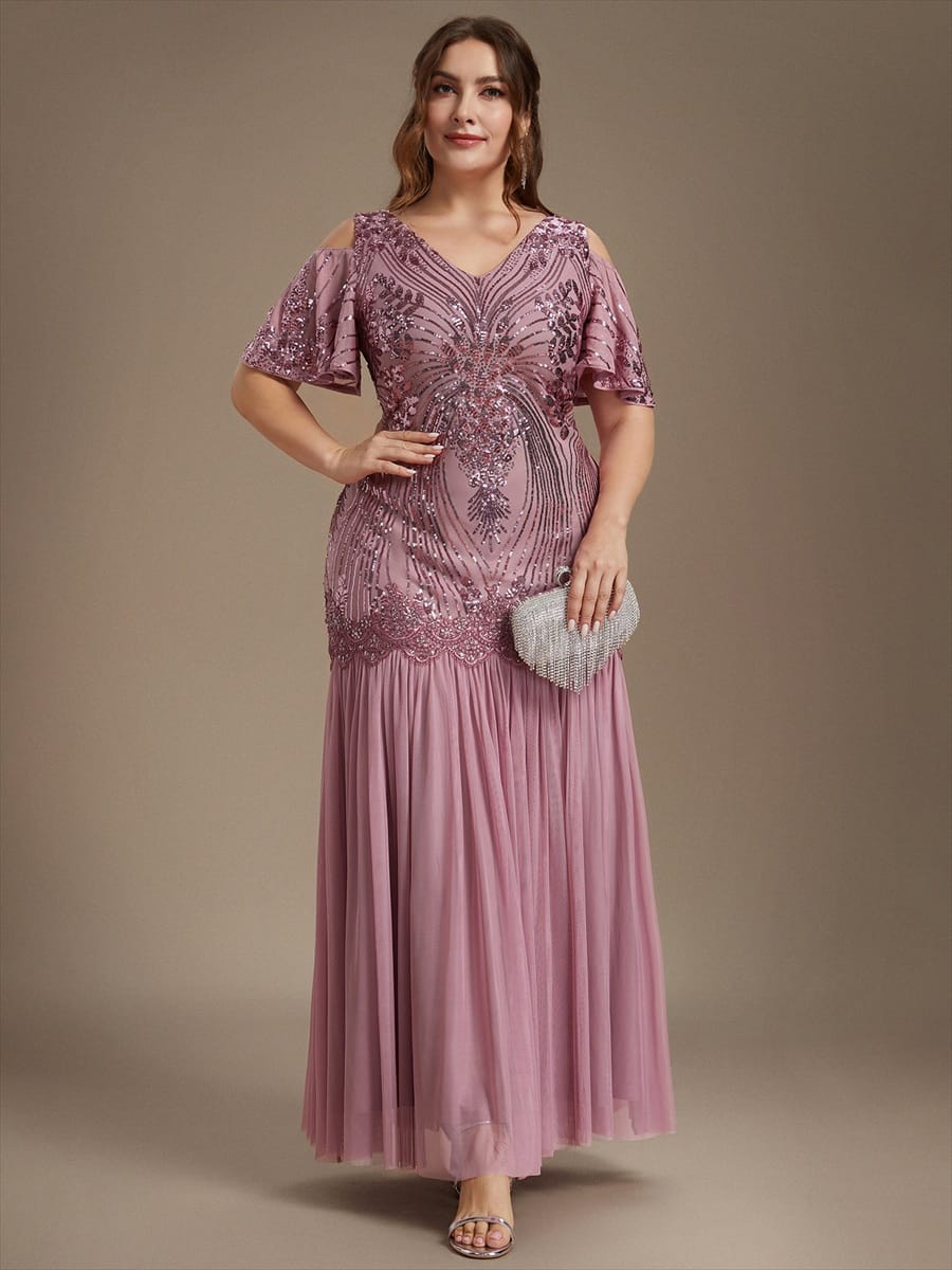 Sequins Maxi Length V-neckline Sheath Ruffle Sleeve Back zipper Evening Dresses #color_Purple Orchid