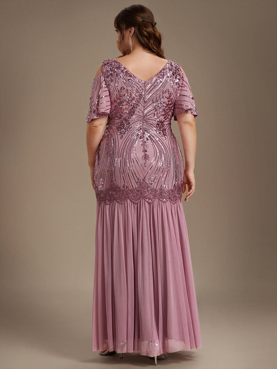 Sequins Maxi Length V-neckline Sheath Ruffle Sleeve Back zipper Evening Dresses #color_Purple Orchid