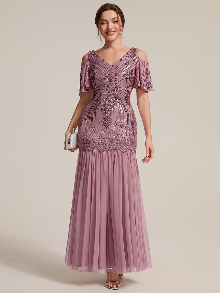 Sequins Maxi Length V-neckline Sheath Ruffle Sleeve Back zipper Evening Dresses #color_Purple Orchid