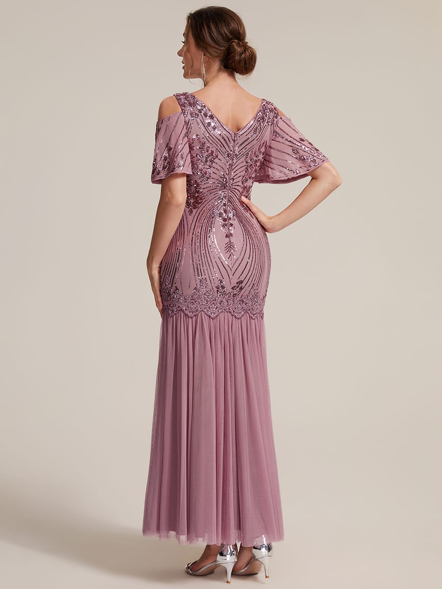 Sequins Maxi Length V-neckline Sheath Ruffle Sleeve Back zipper Evening Dresses #color_Purple Orchid