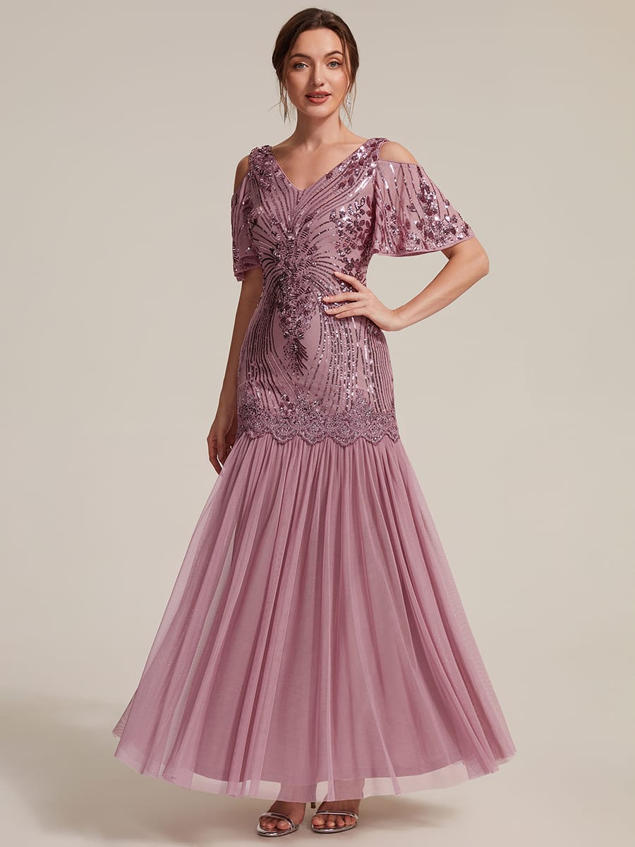 Sequins Maxi Length V-neckline Sheath Ruffle Sleeve Back zipper Evening Dresses #color_Purple Orchid