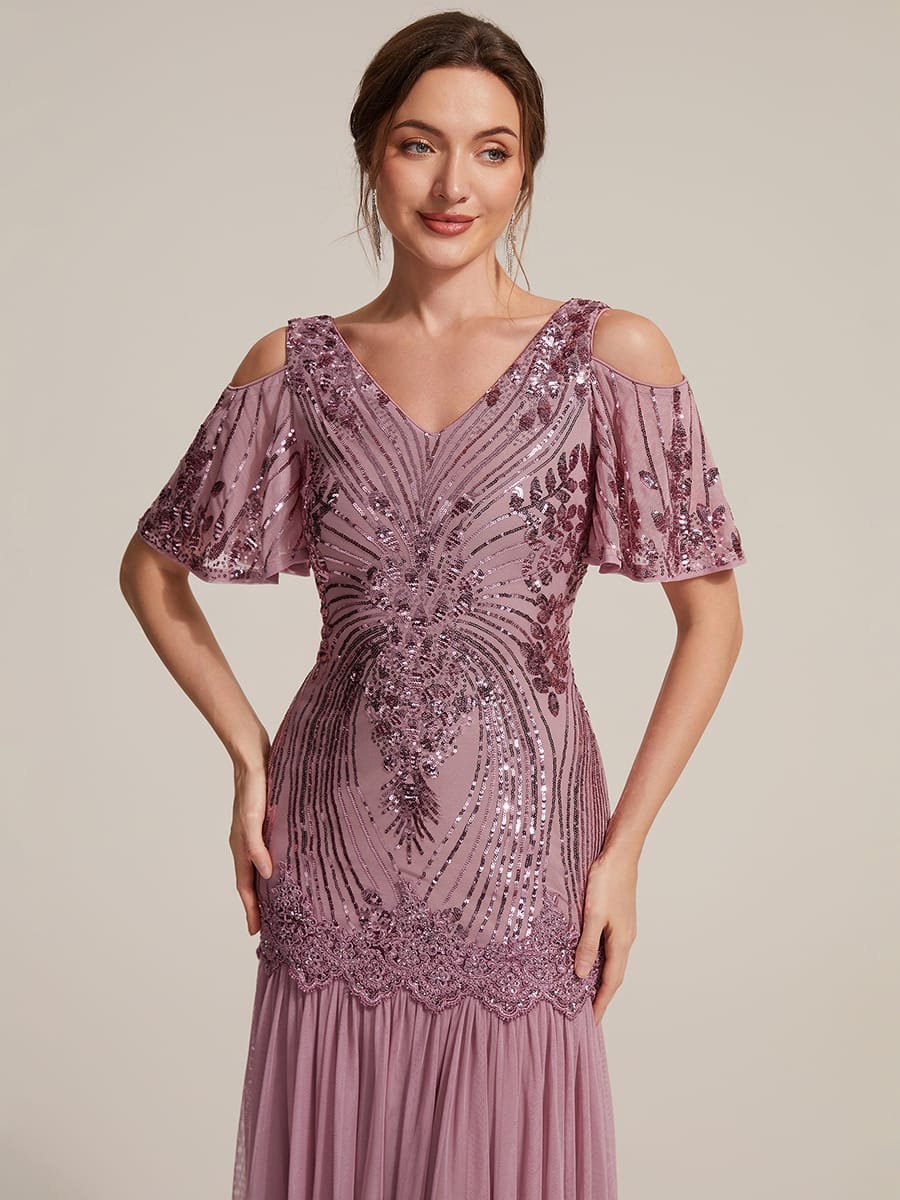 Sequins Maxi Length V-neckline Sheath Ruffle Sleeve Back zipper Evening Dresses #color_Purple Orchid