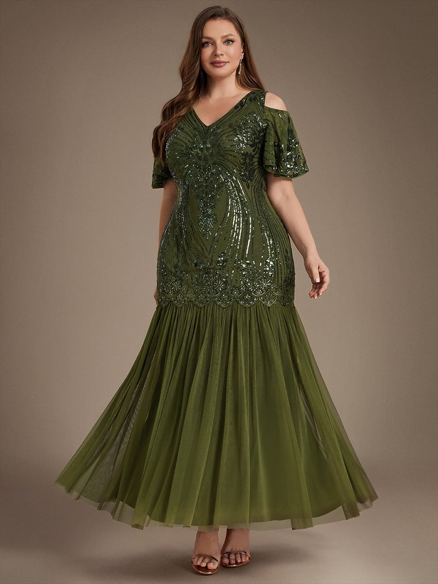 Sequins Maxi Length V-neckline Sheath Ruffle Sleeve Back zipper Evening Dresses #color_Olive Green