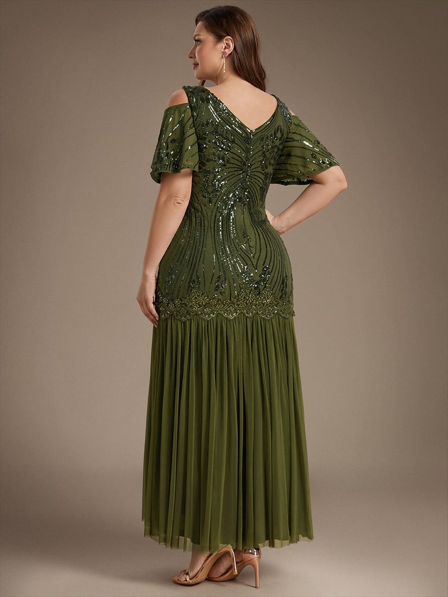 Sequins Maxi Length V-neckline Sheath Ruffle Sleeve Back zipper Evening Dresses #color_Olive Green