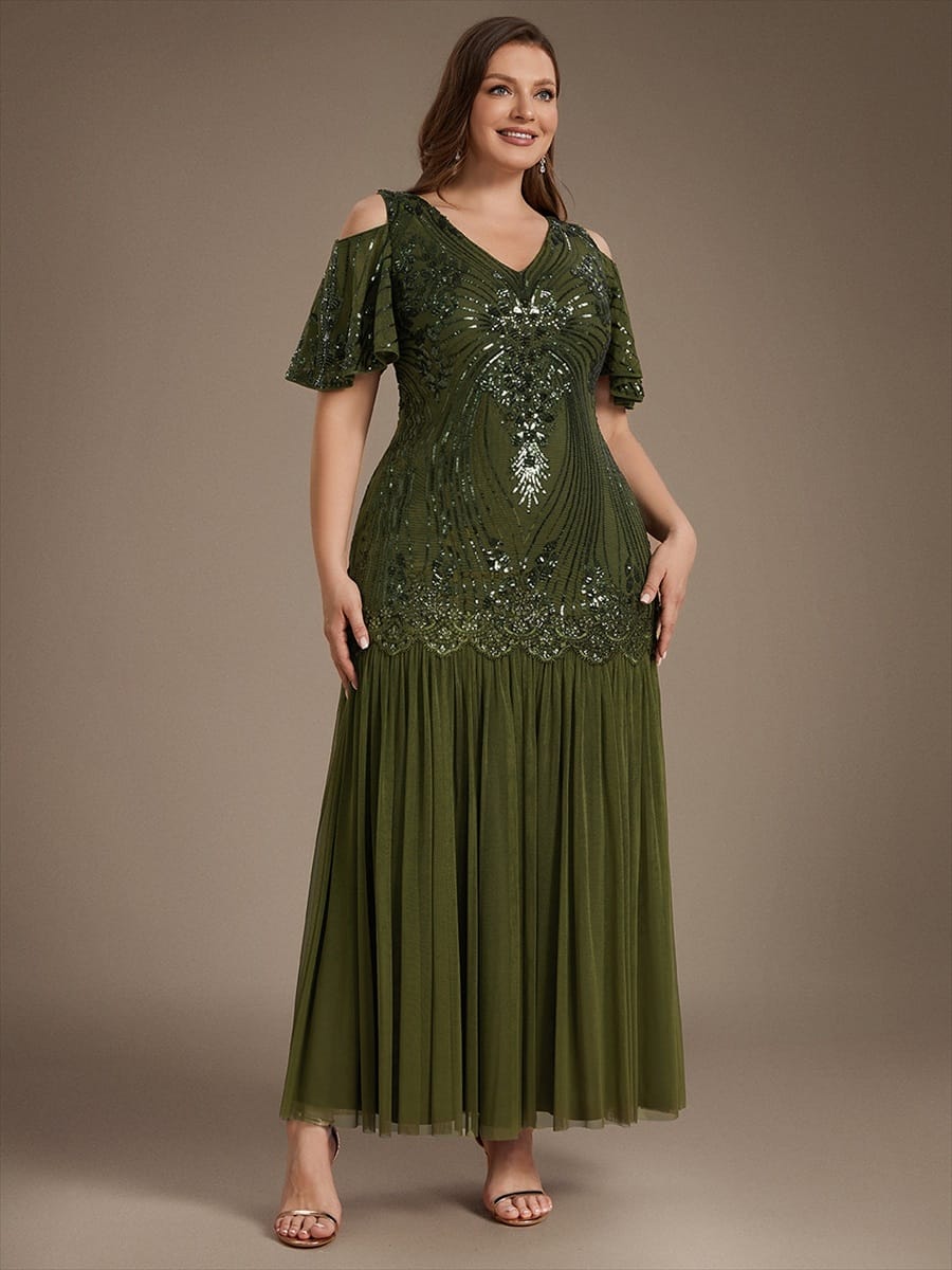 Sequins Maxi Length V-neckline Sheath Ruffle Sleeve Back zipper Evening Dresses #color_Olive Green