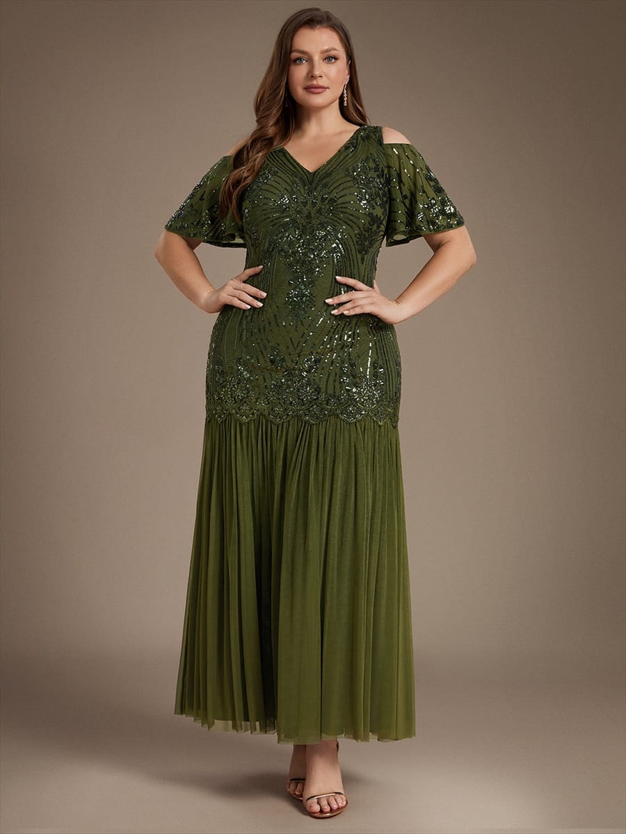 Sequins Maxi Length V-neckline Sheath Ruffle Sleeve Back zipper Evening Dresses #color_Olive Green
