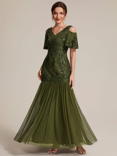 Sequin V Neck Cold Shoulder Maxi Evening Dress