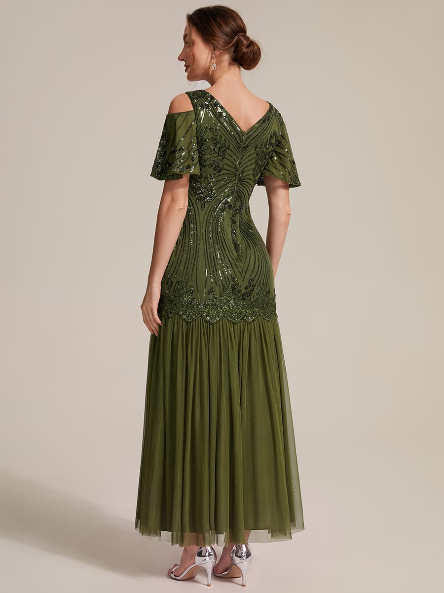 Sequins Maxi Length V-neckline Sheath Ruffle Sleeve Back zipper Evening Dresses #color_Olive Green