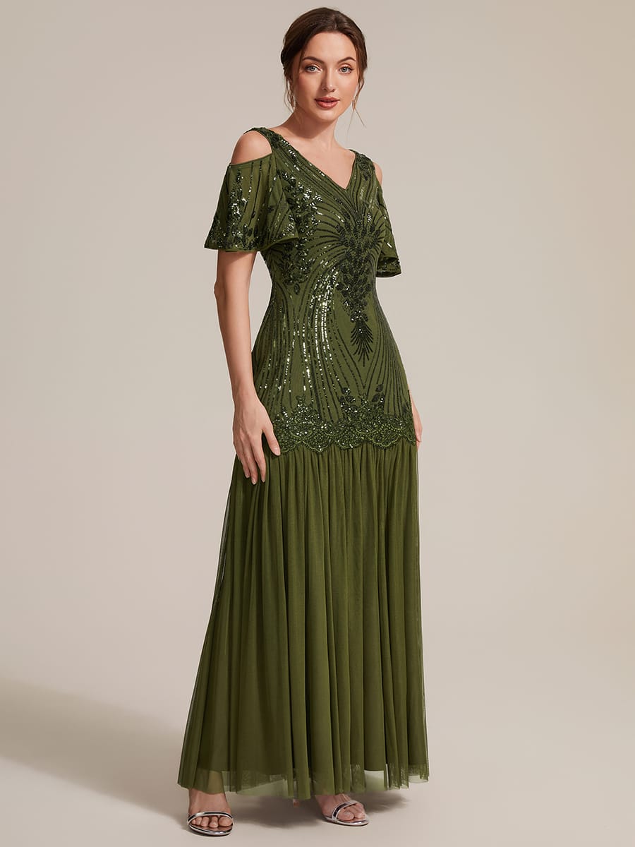 Sequins Maxi Length V-neckline Sheath Ruffle Sleeve Back zipper Evening Dresses #color_Olive Green