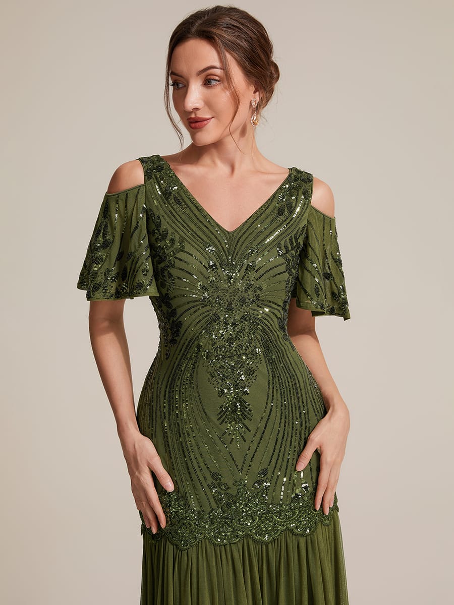 Sequins Maxi Length V-neckline Sheath Ruffle Sleeve Back zipper Evening Dresses #color_Olive Green