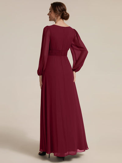 Chiffon Puff Sleeve A-line Dress #color_Burgundy