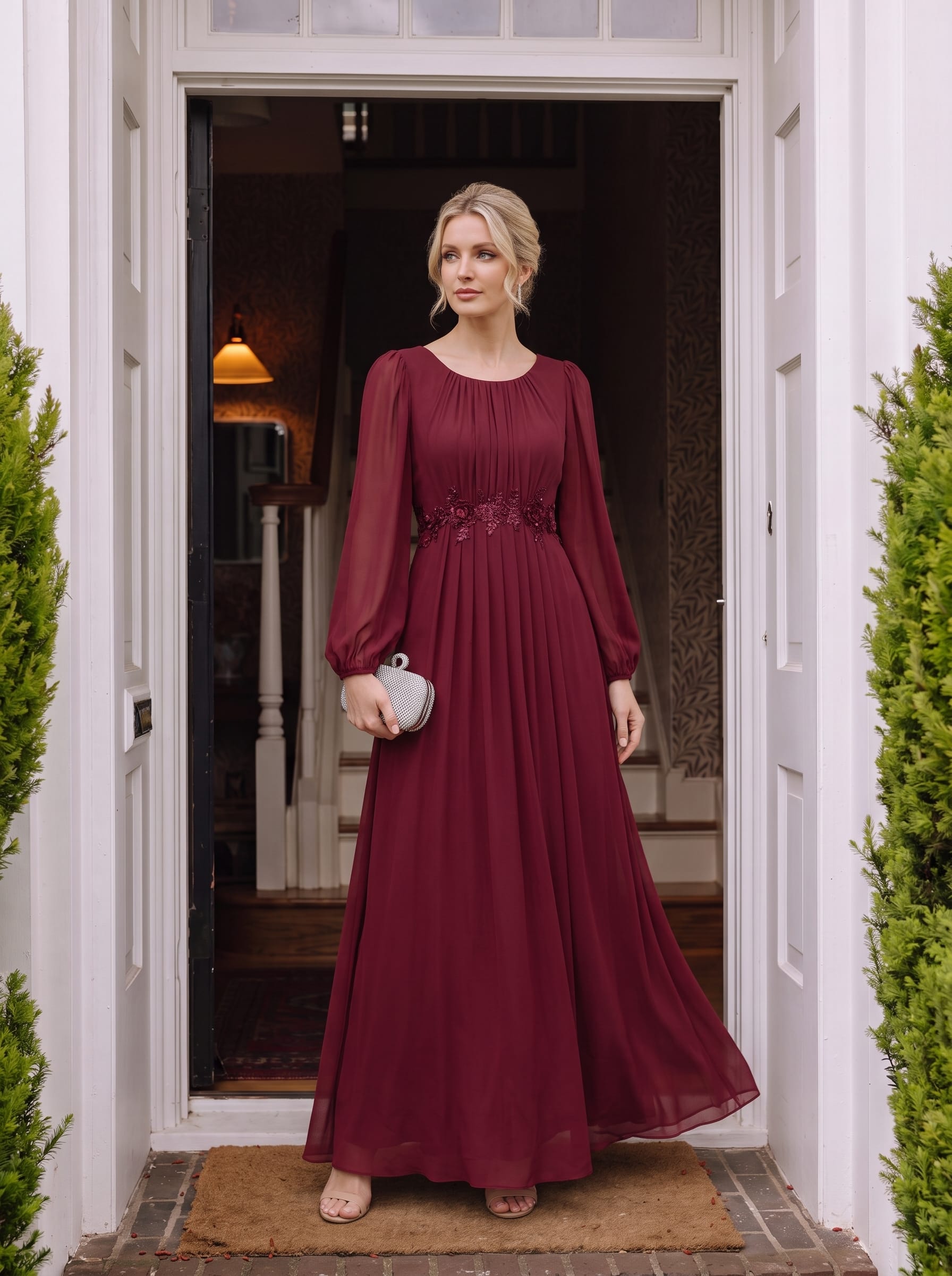 Chiffon Puff Sleeve A-line Dress #color_Burgundy