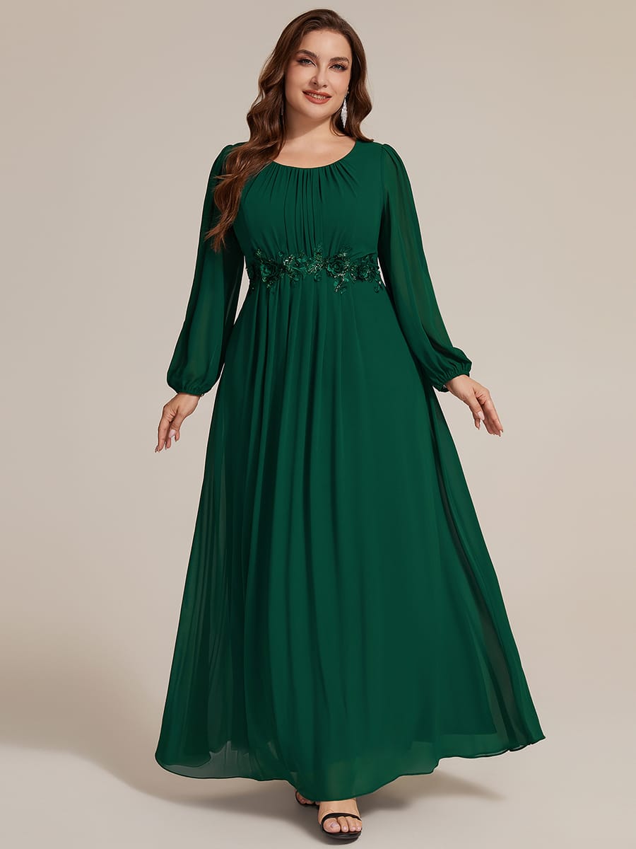 Chiffon Puff Sleeve A-line Dress #color_Dark Green