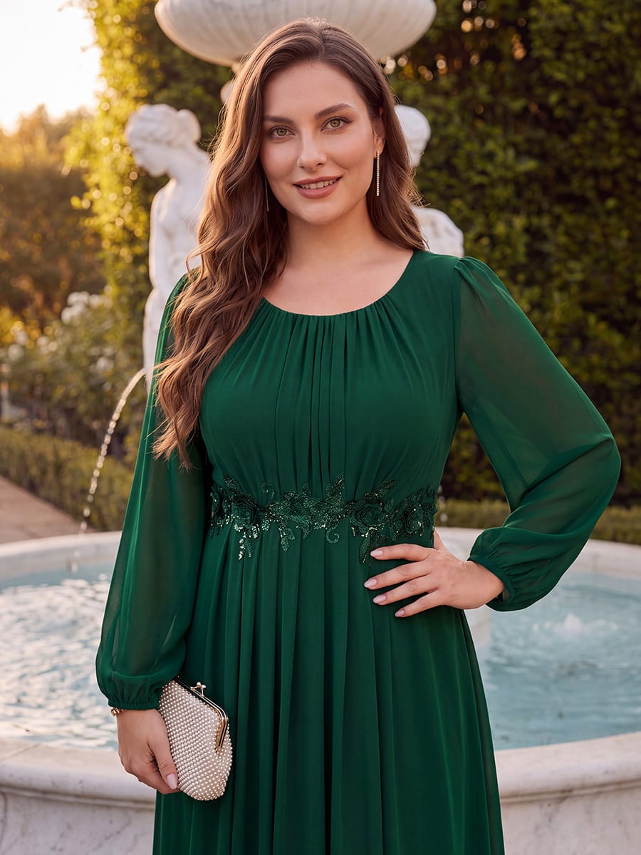 Chiffon Puff Sleeve A-line Dress #color_Dark Green